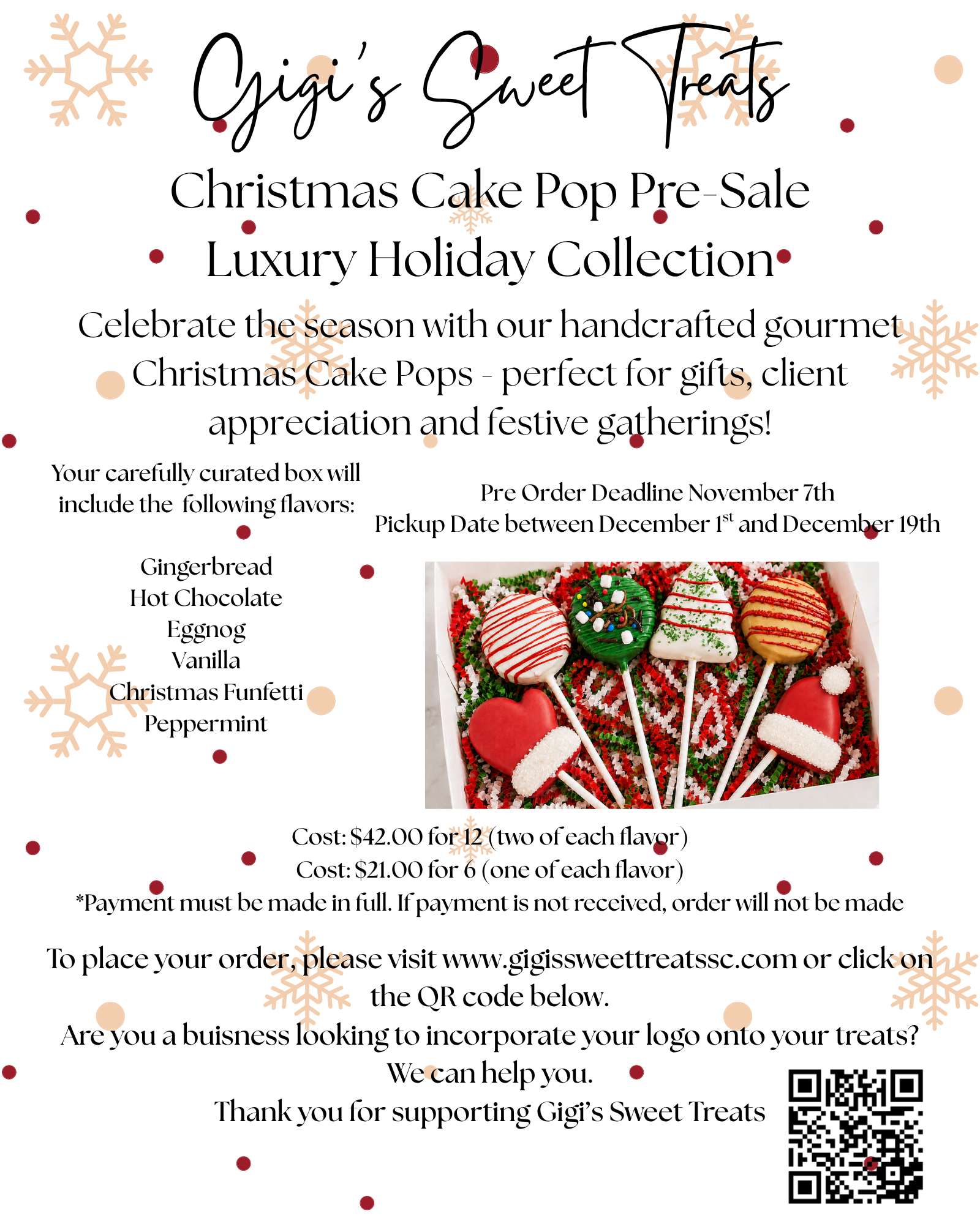Christmas cake pop pre-sale flyer with holiday flavors, pricing, deadline, pickup dates, and QR code.
