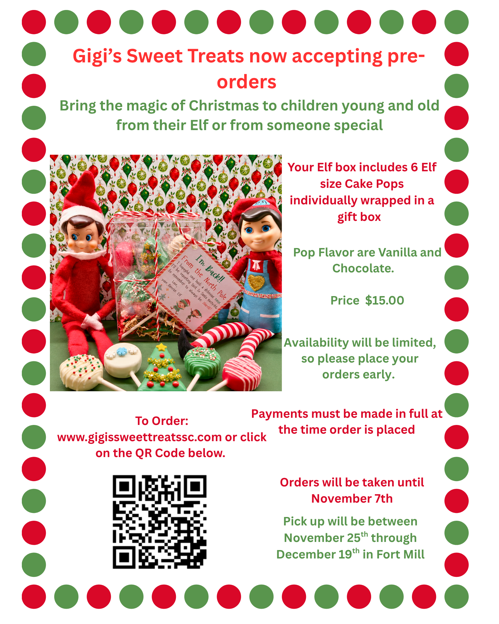 Elf cake pop box flyer with price, pickup window, deadline, and QR code.