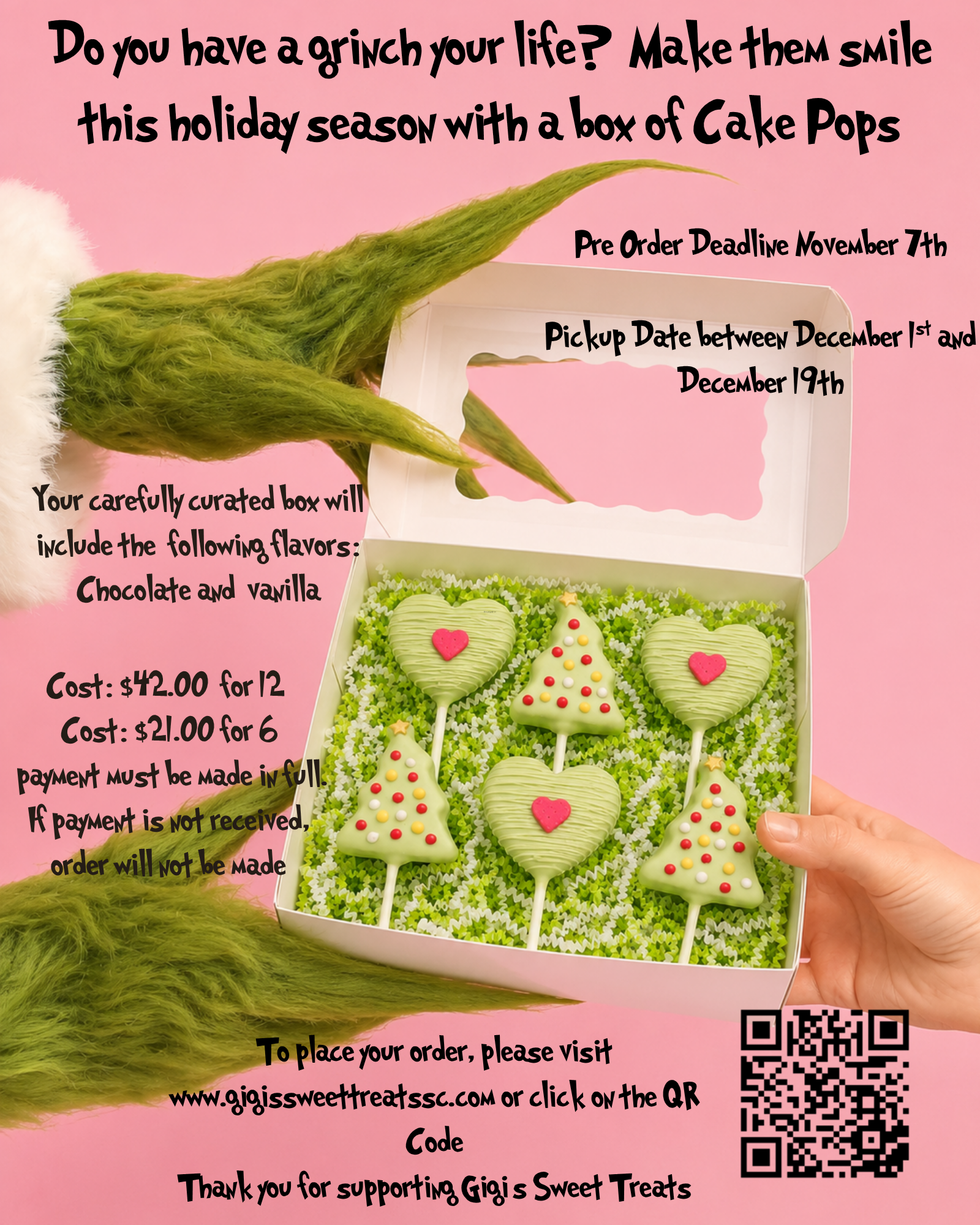Grinch cake pop box flyer with holiday pickup details, pricing, deadline, and QR code.
